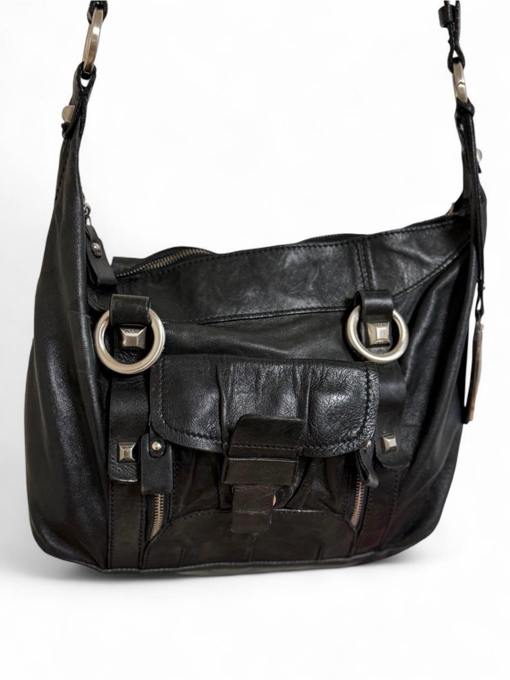 NICOLI Black Leather Crossbody Bag with Silver Rings